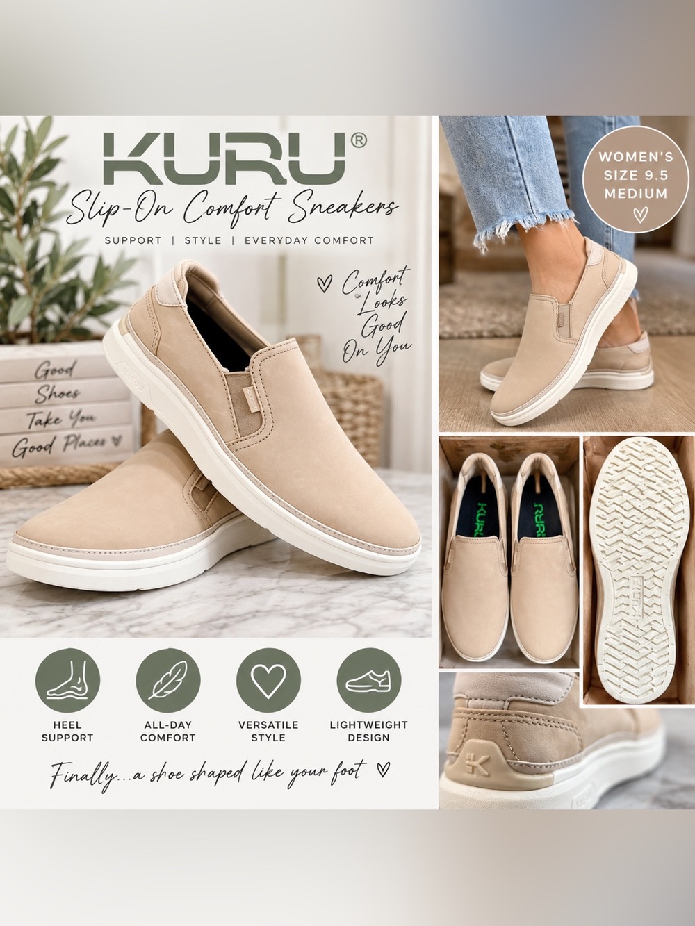 KURU Women's Beige Slip-On Comfort Sneakers Size 9.5 Medium NIB